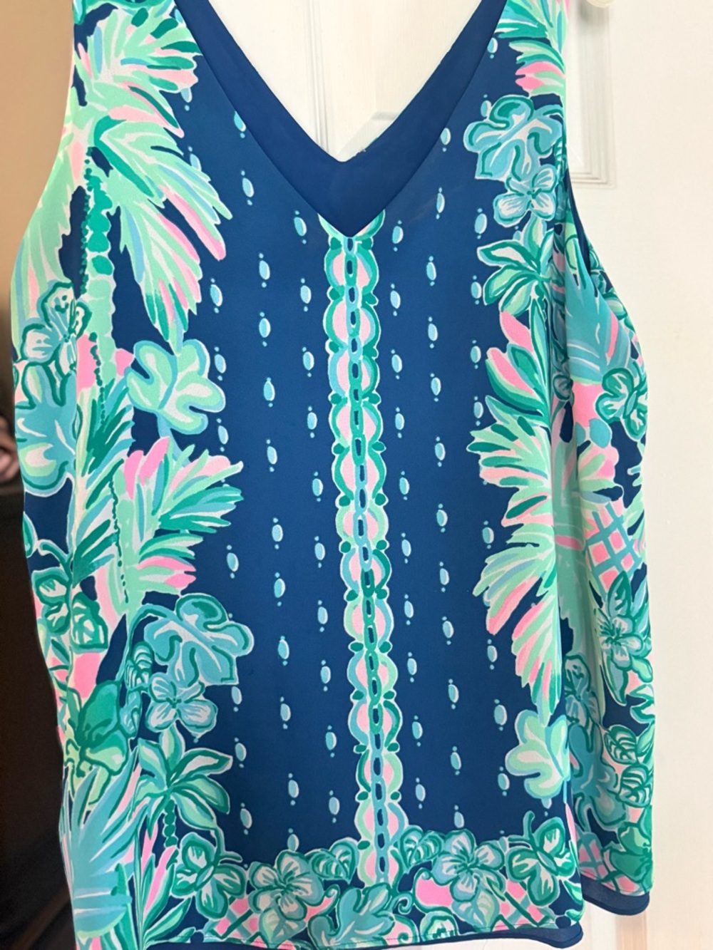 Lilly Pulitzer Blue Tropical Palm Print Tank with Mint and Pink Accents